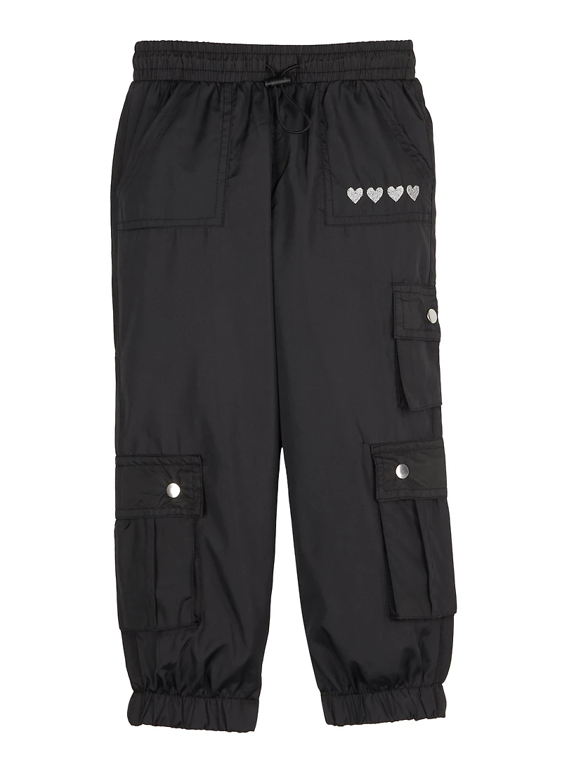 Little Girls Nylon Heart Embroidered Cargo Joggers, 4