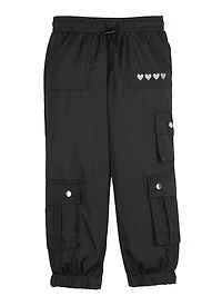 Little Girls Nylon Heart Embroidered Cargo Joggers, Black, Size 4