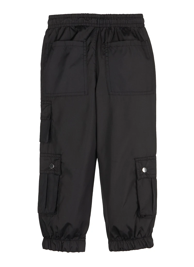 Little Girls Nylon Heart Embroidered Cargo Joggers, Black, Size 4