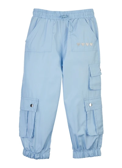 Little Girls Nylon Heart Embroidered Cargo Joggers, Blue, Size 4