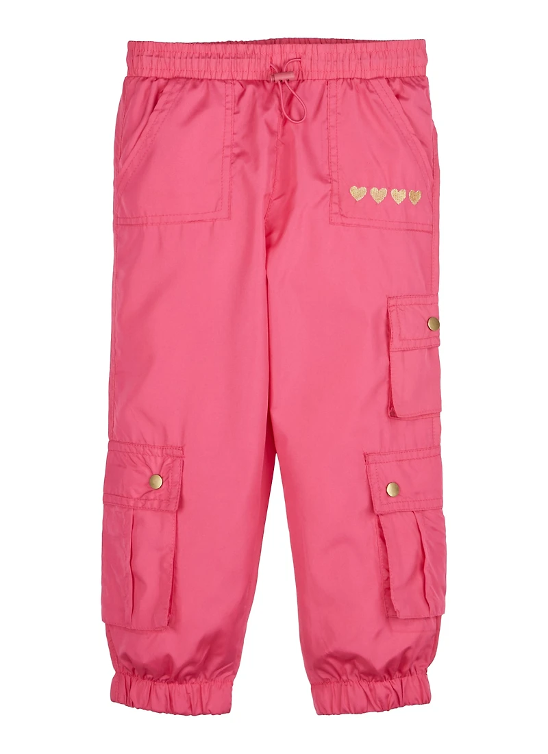 Little Girls Nylon Heart Embroidered Cargo Joggers
