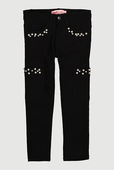 Little Girls Hyperstretch Faux Pearl Pocket Pants, Black, Size 5