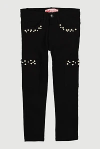 Little Girls Hyperstretch Faux Pearl Pocket Pants, Black,