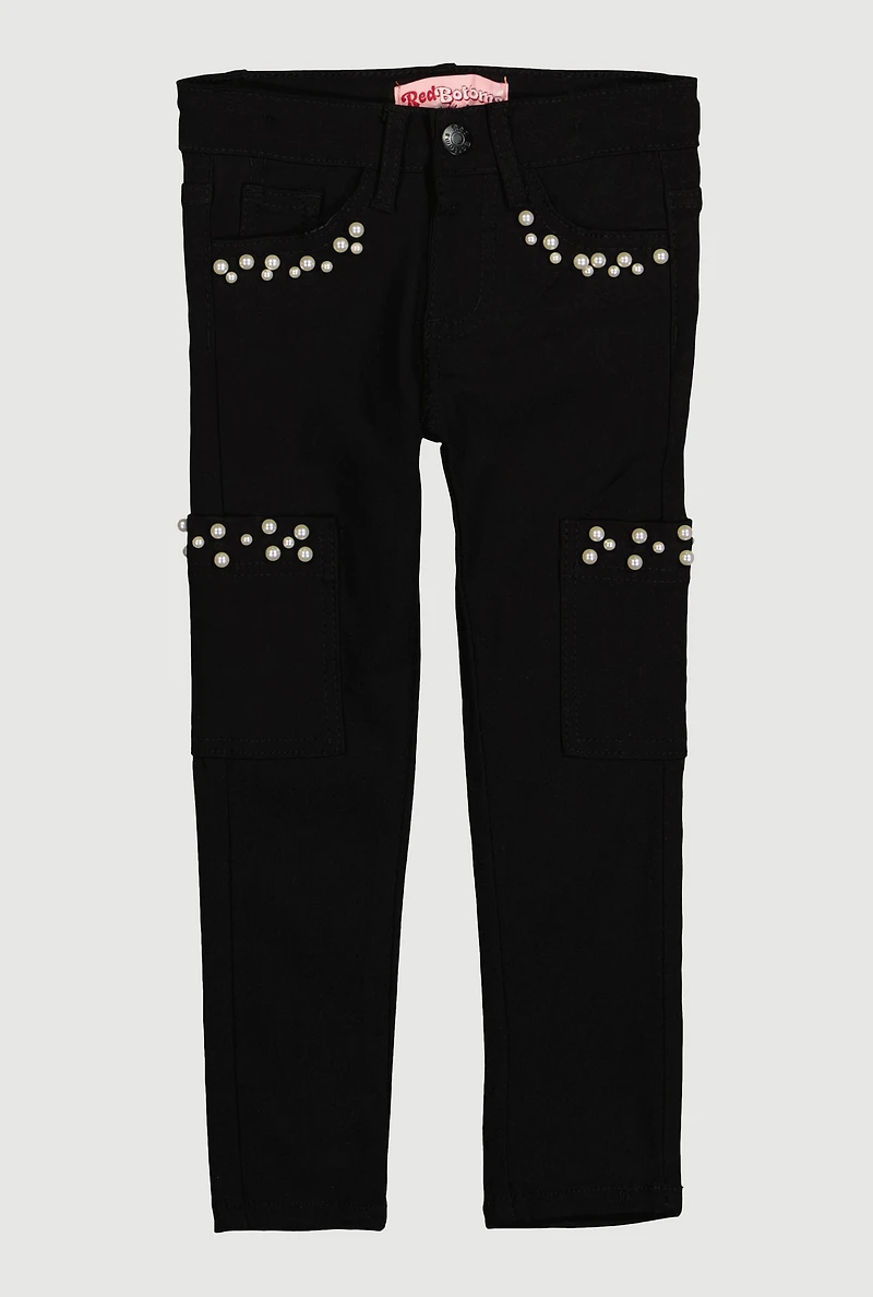 Little Girls Hyperstretch Faux Pearl Pocket Pants, Black, Size 6X