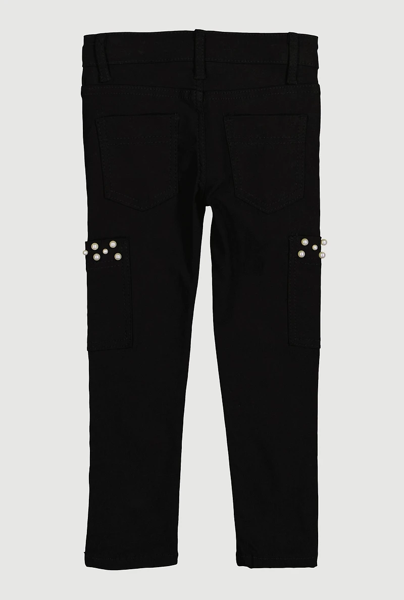 Little Girls Hyperstretch Faux Pearl Pocket Pants, Black, Size 4