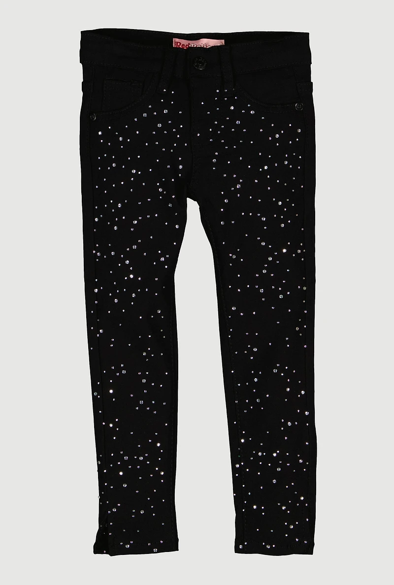Little Girls Rhinestone Hyperstretch Skinny Pants, Black, Size 6X