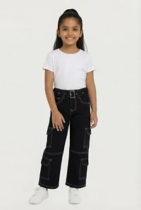 Little Girls Belted Decorative Stitch Utility Pants