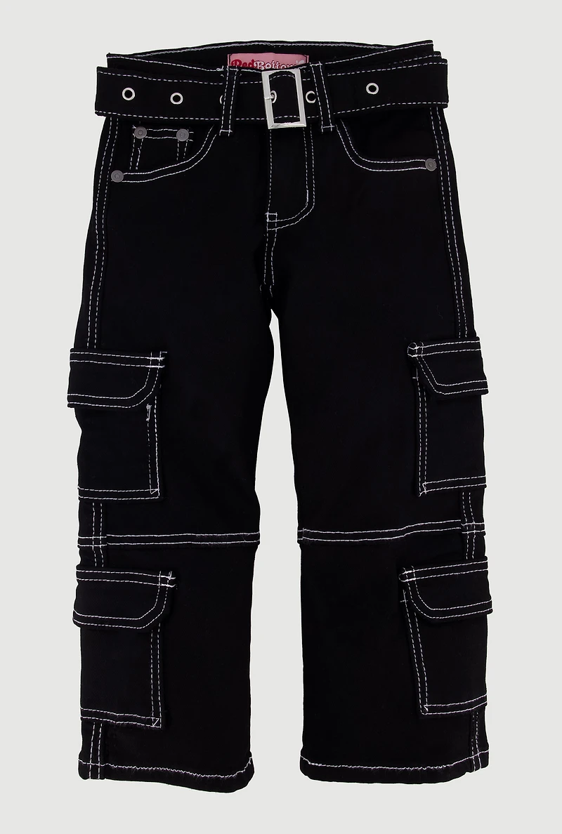 Little Girls Belted Decorative Stitch Utility Pants