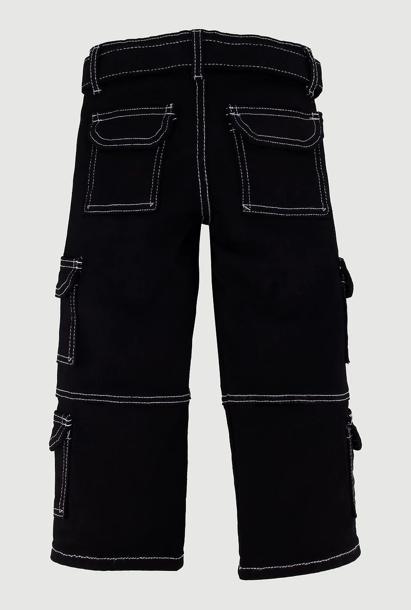 Little Girls Belted Decorative Stitch Utility Pants