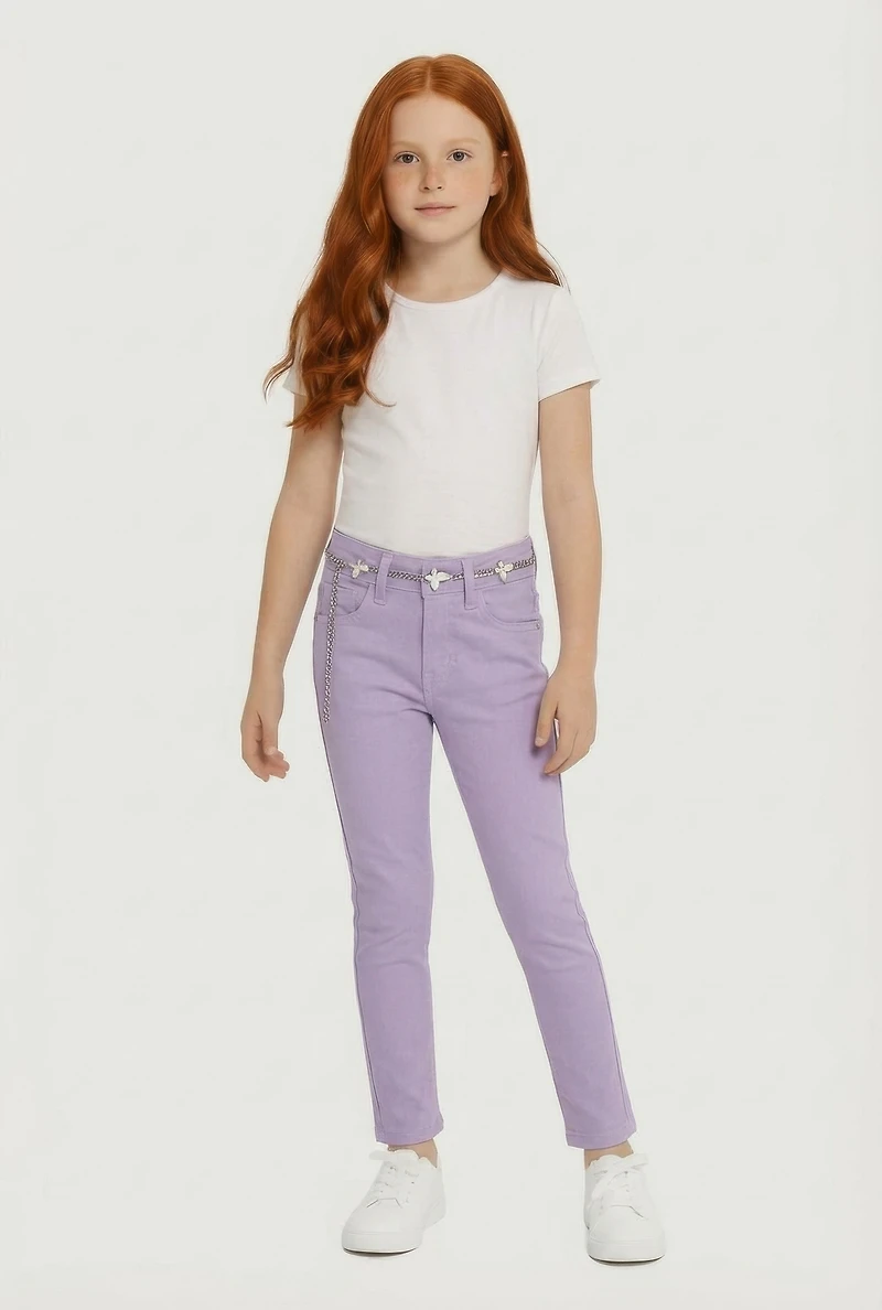 Little Girls Skinny Leg Pants with Butterfly Chain Belt, Purple,