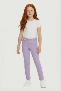 Little Girls Skinny Leg Pants with Butterfly Chain Belt, Purple,