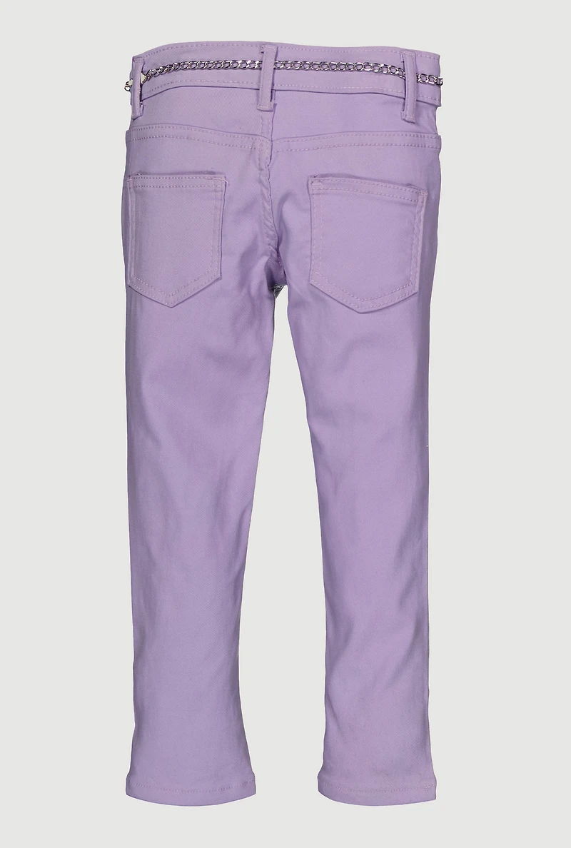 Little Girls Skinny Leg Pants with Butterfly Chain Belt, Purple,
