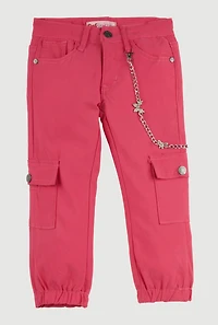 Little Girls Rhinestone Butterfly Detachable Chain Cargo Joggers, Pink,