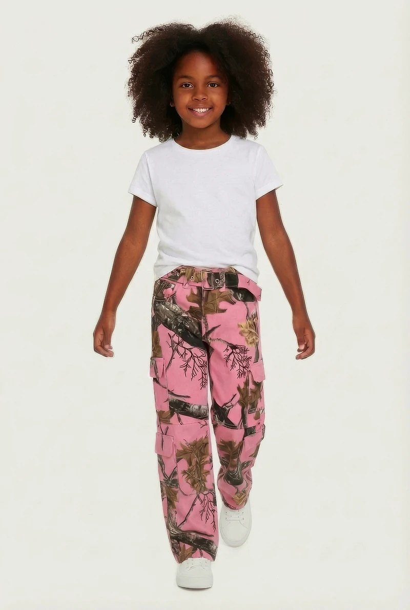 Little Girls Hunter Camo Belted Cargo Pants, Pink, Size 6
