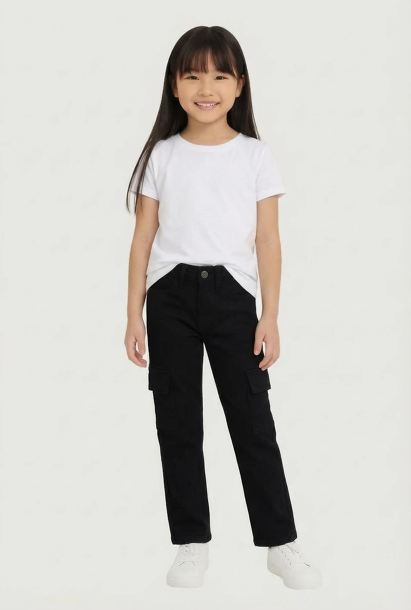 Little Girls Mid Rise Hyperstretch Cargo Pants, Black, Size 6