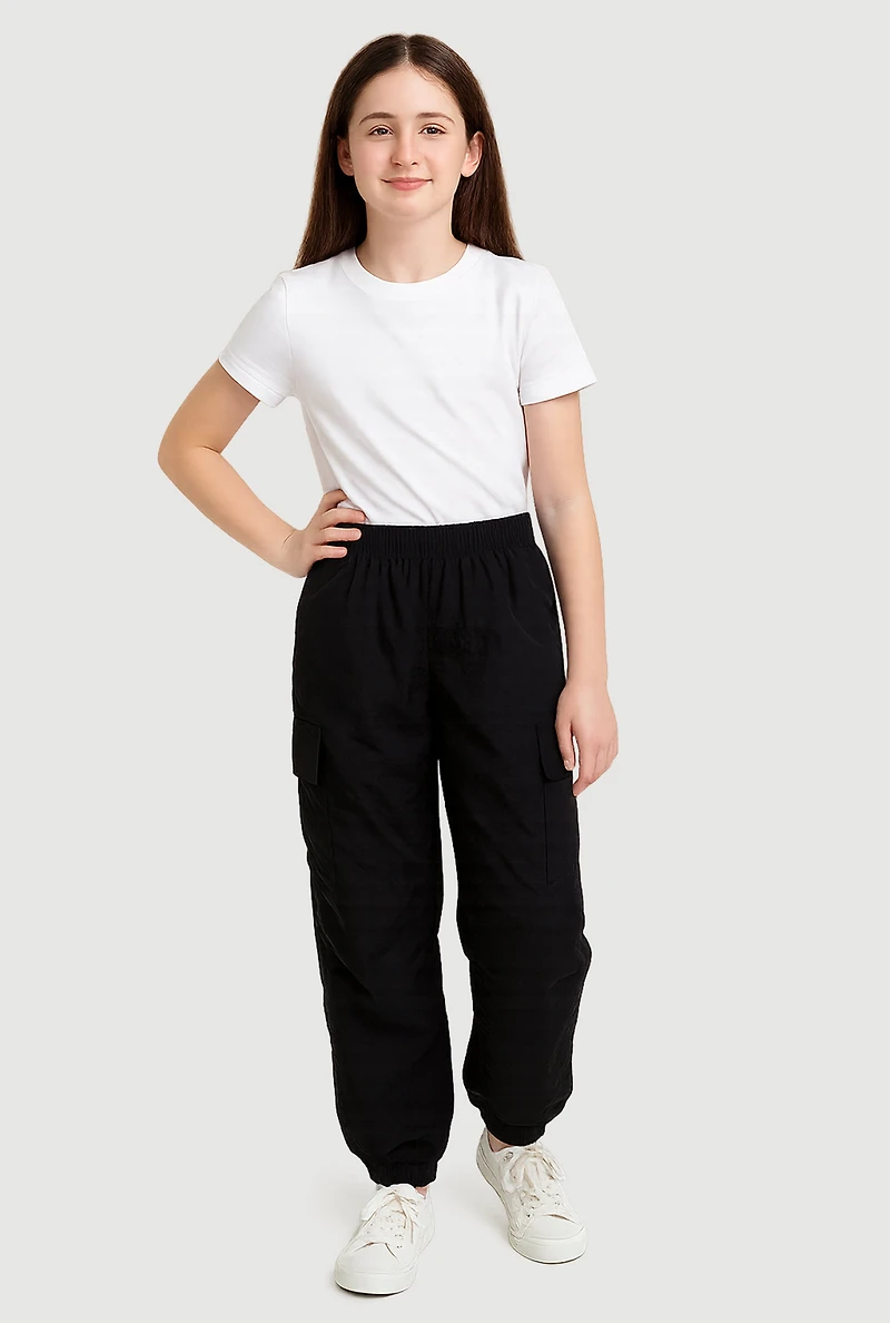 Girls Nylon Parachute Cargo Joggers, Black, Size 7-8