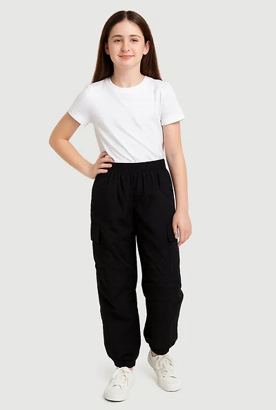 Girls Nylon Parachute Cargo Joggers, Black, Size 7-8