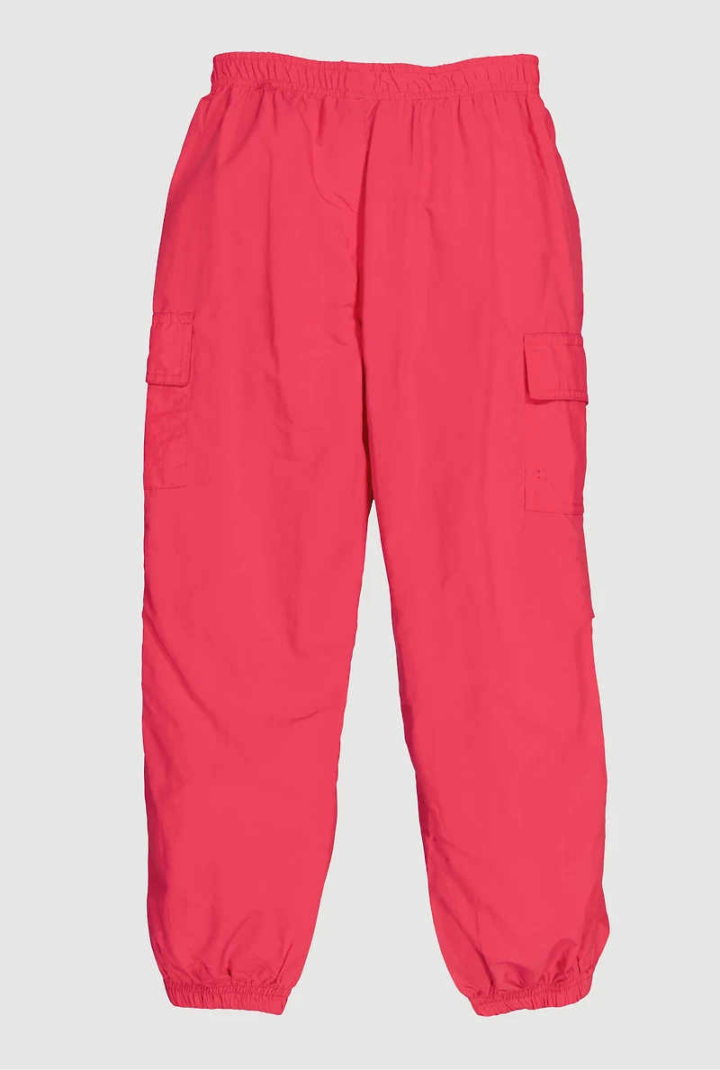 Girls Nylon Parachute Cargo Joggers, Pink, Size 10-12