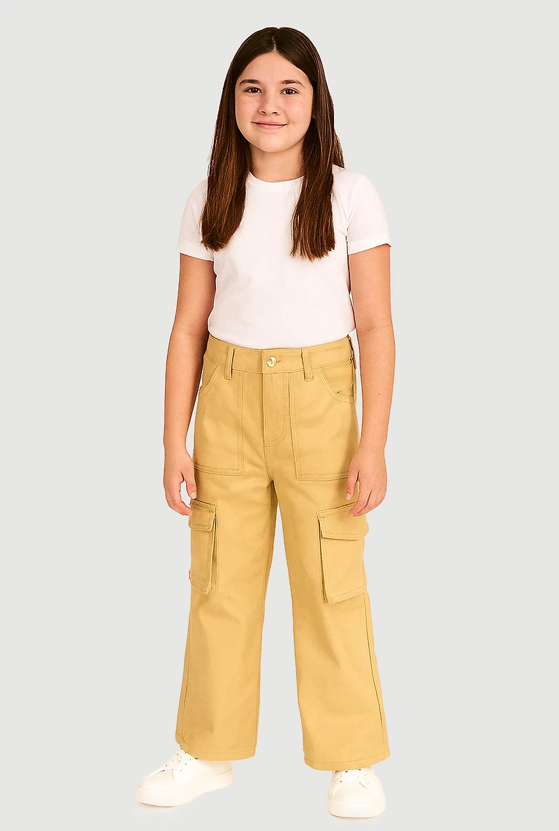 Girls Twill Straight Leg Cargo Pants, Khaki, Size 10