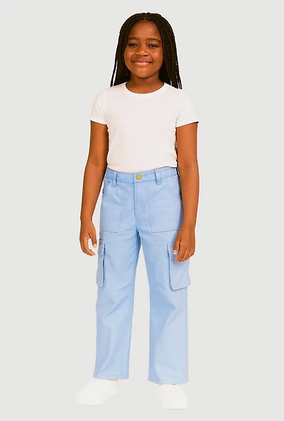 Girls Twill Straight Leg Cargo Pants, Blue, Size 10
