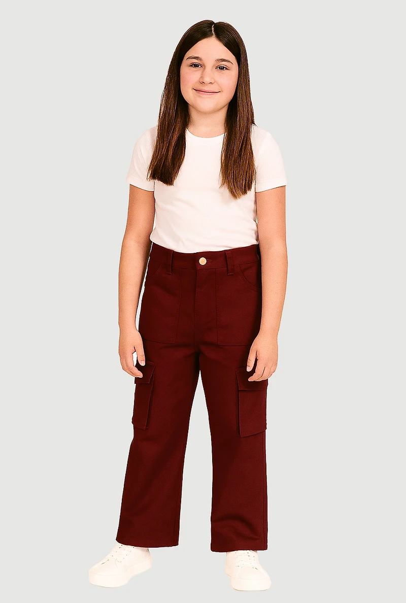 Girls Twill Straight Leg Cargo Pants, Burgundy, Size 10