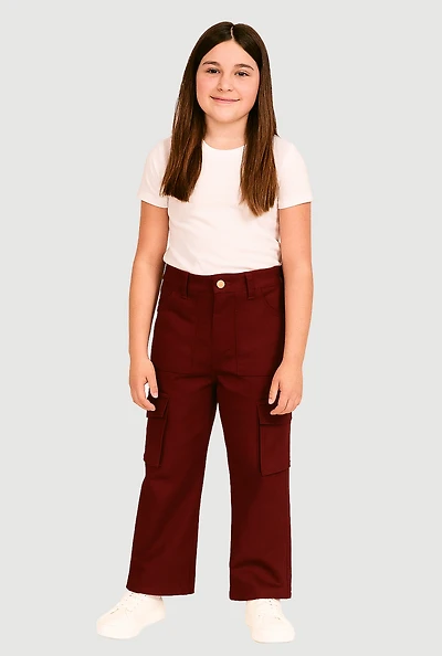 Girls Twill Straight Leg Cargo Pants, Burgundy, Size 10