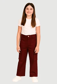 Girls Twill Straight Leg Cargo Pants, Burgundy, Size 10