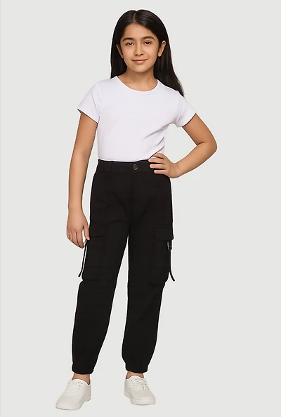 Girls Twill Buckle Cargo Joggers, Black, Size 10