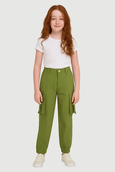 Girls Twill Buckle Cargo Joggers, Green, Size 12