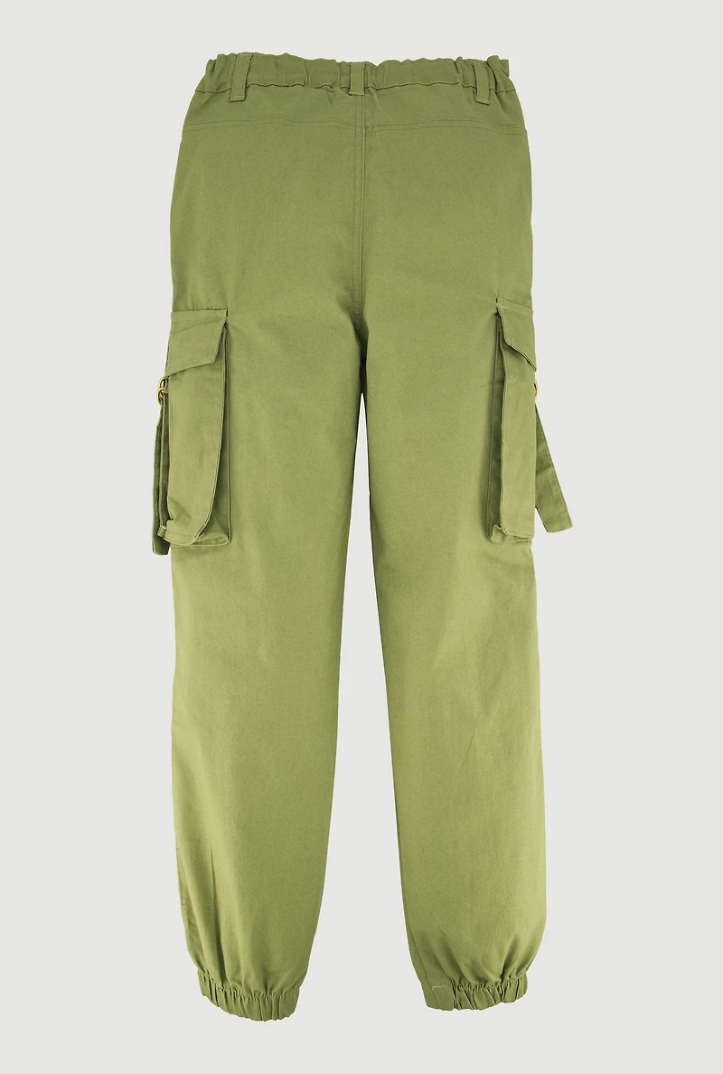 Girls Twill Buckle Cargo Joggers, Green, Size 12