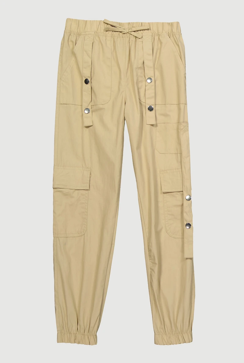 Girls Snap Button Detail Cargo Joggers, Khaki, Size 7-8