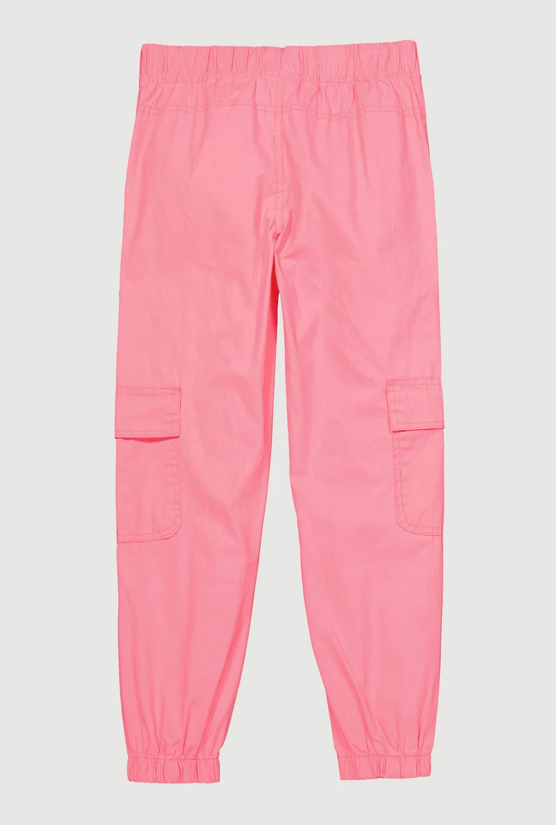 Girls Snap Button Detail Cargo Joggers, Pink, Size 10