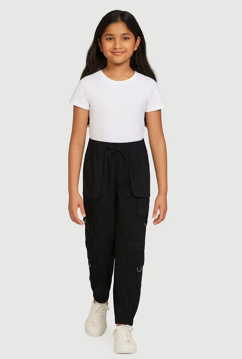 Girls Poplin D Ring Tabbed Cargo Joggers, Black, Size 12