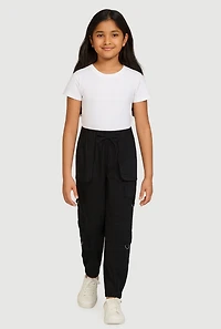 Girls Poplin D Ring Tabbed Cargo Joggers, Black, Size 12