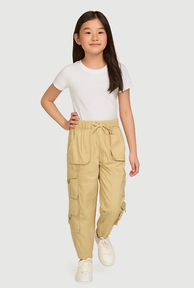 Girls Poplin D Ring Tabbed Cargo Joggers, Khaki,