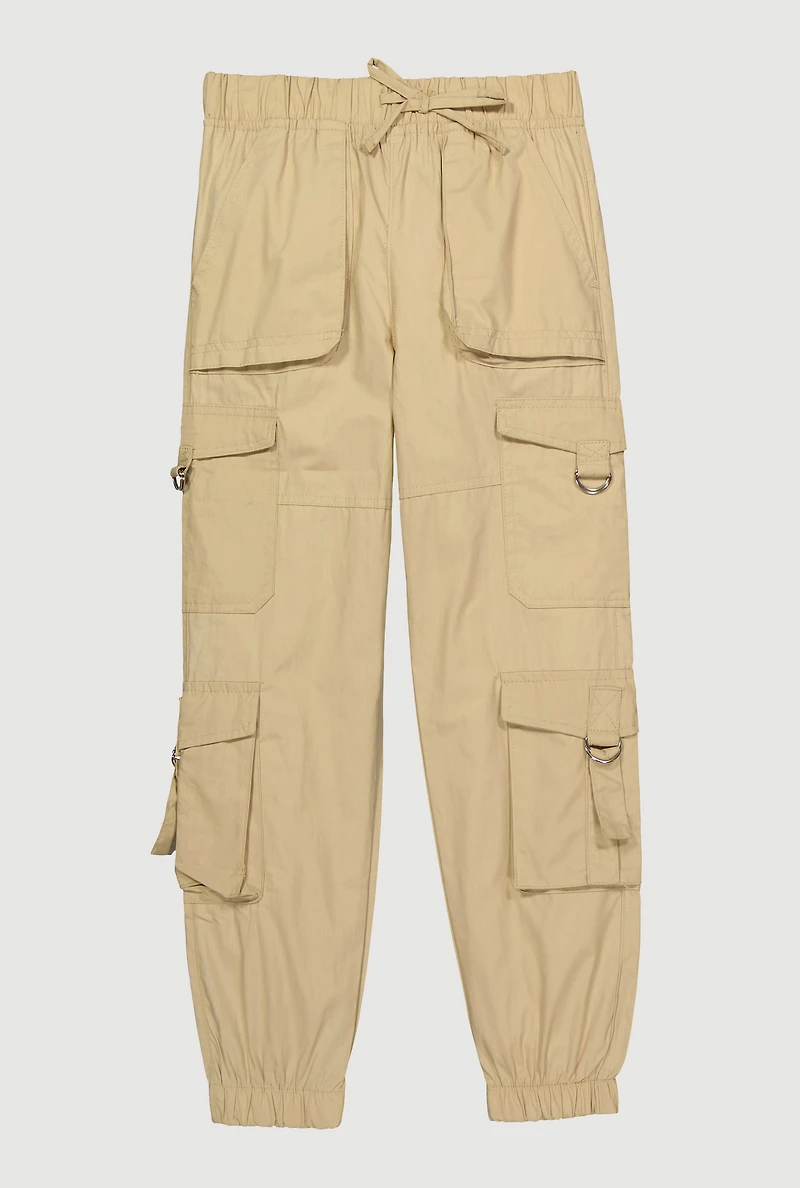 Girls Poplin D Ring Tabbed Cargo Joggers, Khaki, Size 12