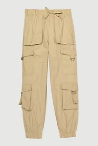 Girls Poplin D Ring Tabbed Cargo Joggers, Khaki, Size 12