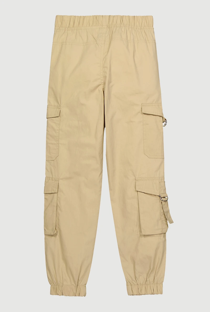 Girls Poplin D Ring Tabbed Cargo Joggers, Khaki, Size 12