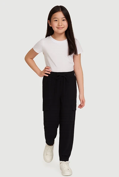 Girls Crepe Knit Cargo Joggers, Black, Size 14-16
