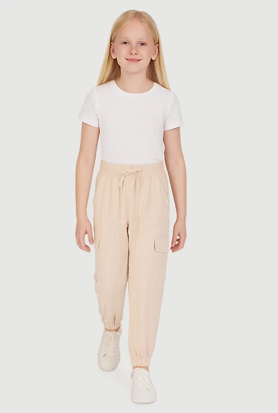 Girls Crepe Knit Cargo Joggers, Khaki,