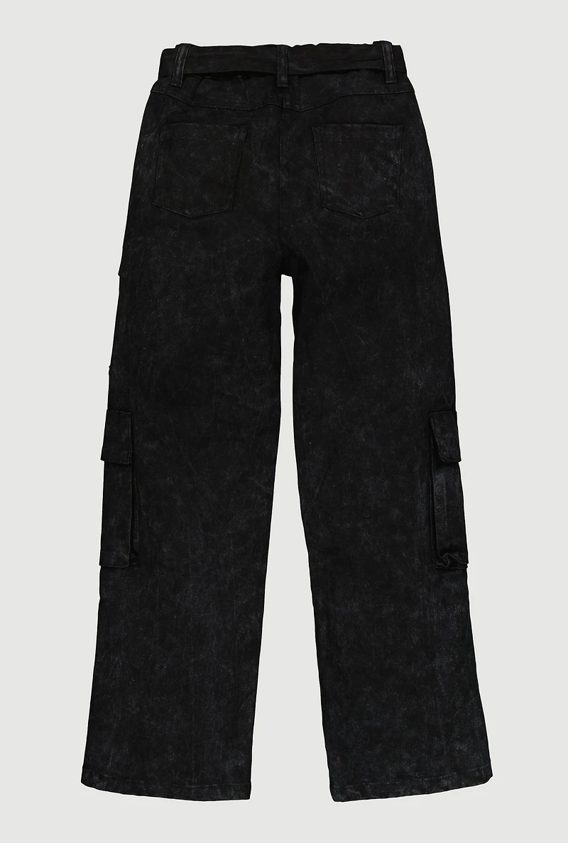 Girls Acid Wash Twill Cargo Pants with Tie Waist Belt