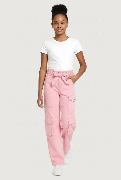 Girls Acid Wash Cargo Pants with Tie Waist Belt