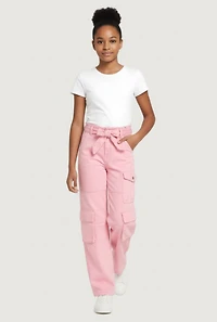 Girls Acid Wash Cargo Pants with Tie Waist Belt