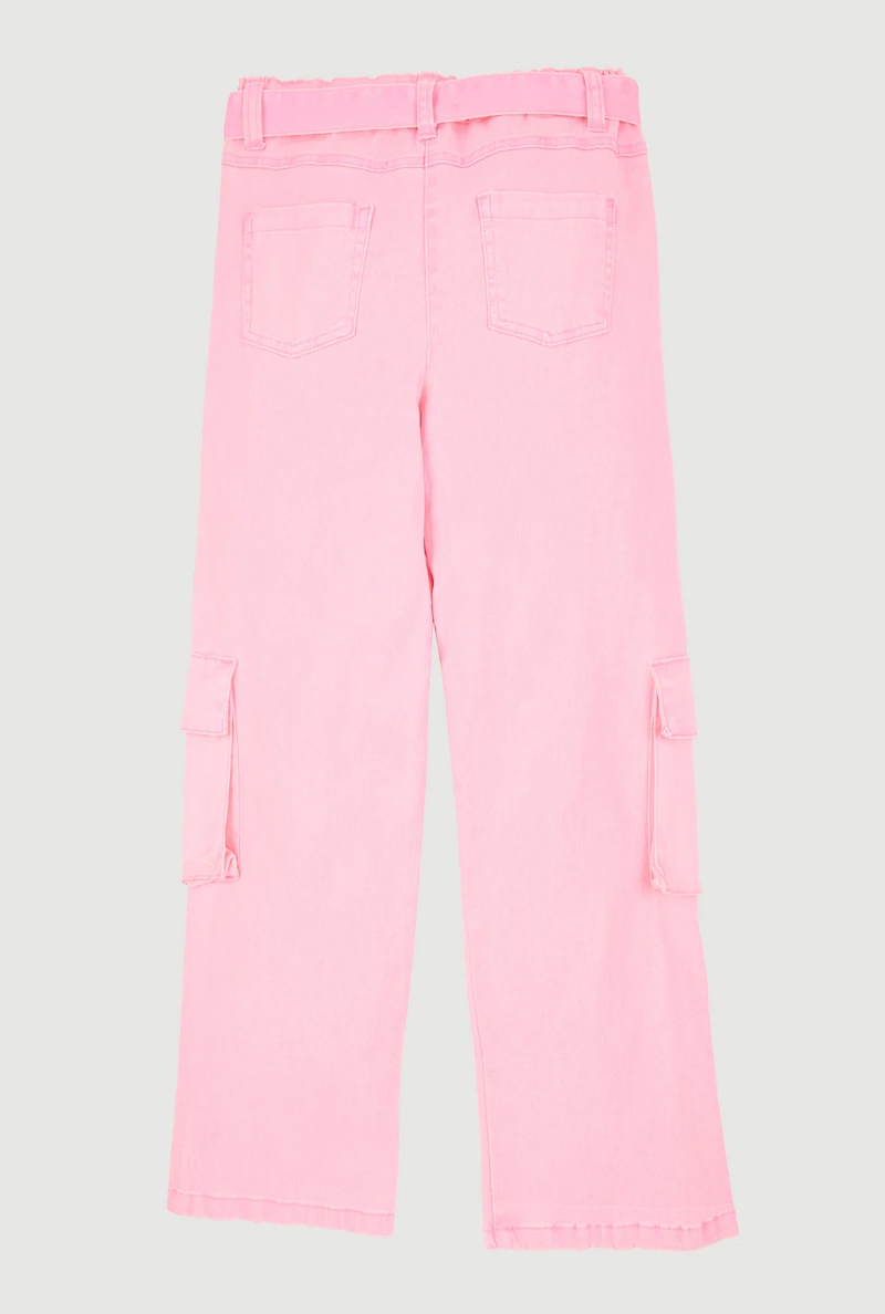 Girls Acid Wash Cargo Pants with Tie Waist Belt