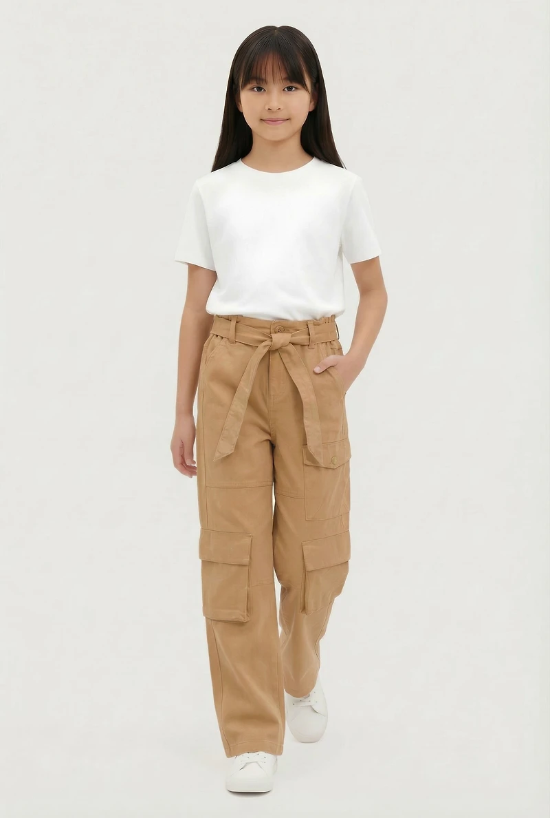 Girls Twill Cargo Pants with Tie Waist Belt, Khaki, Size 12
