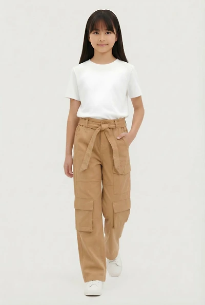 Girls Twill Cargo Pants with Tie Waist Belt