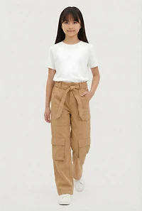 Girls Twill Cargo Pants with Tie Waist Belt