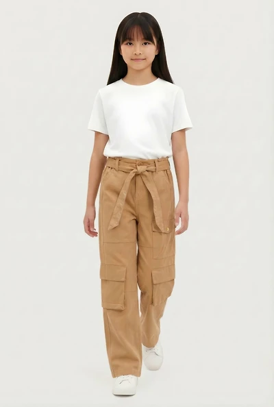 Girls Twill Cargo Pants with Tie Waist Belt