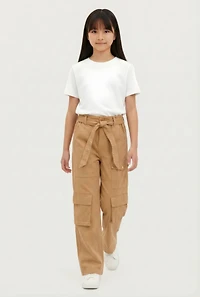 Girls Twill Cargo Pants with Tie Waist Belt