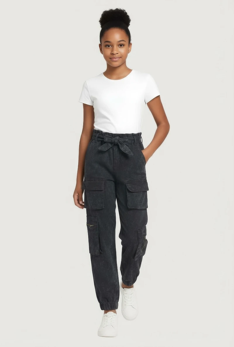 Girls Acid Wash Tie Waist Belted Cargo Joggers, Black, Size 12